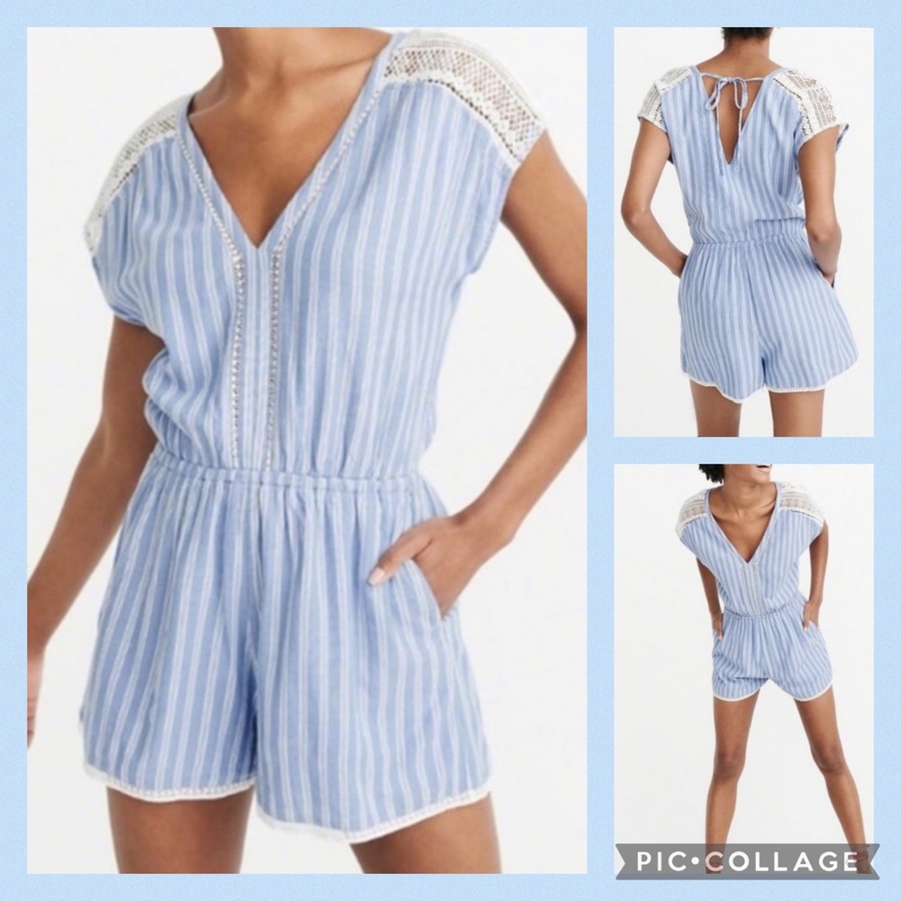 Abercrombie & Fitch Powder Blue & White Stripes Creamy Lace Short Romper Medium